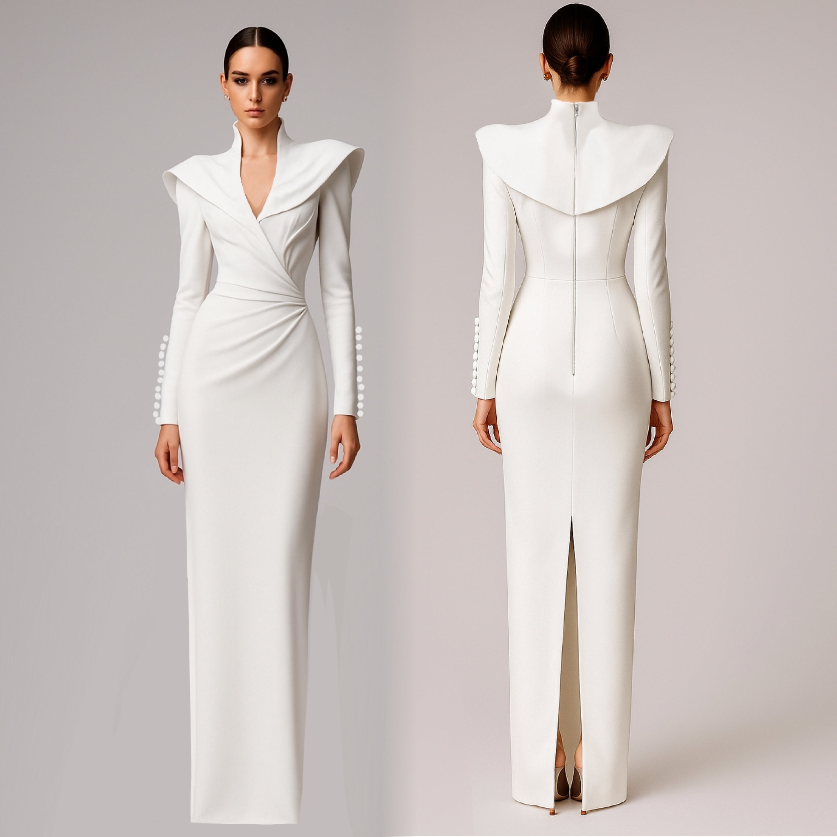 Collar Wrap Gown with Pearl Button Details