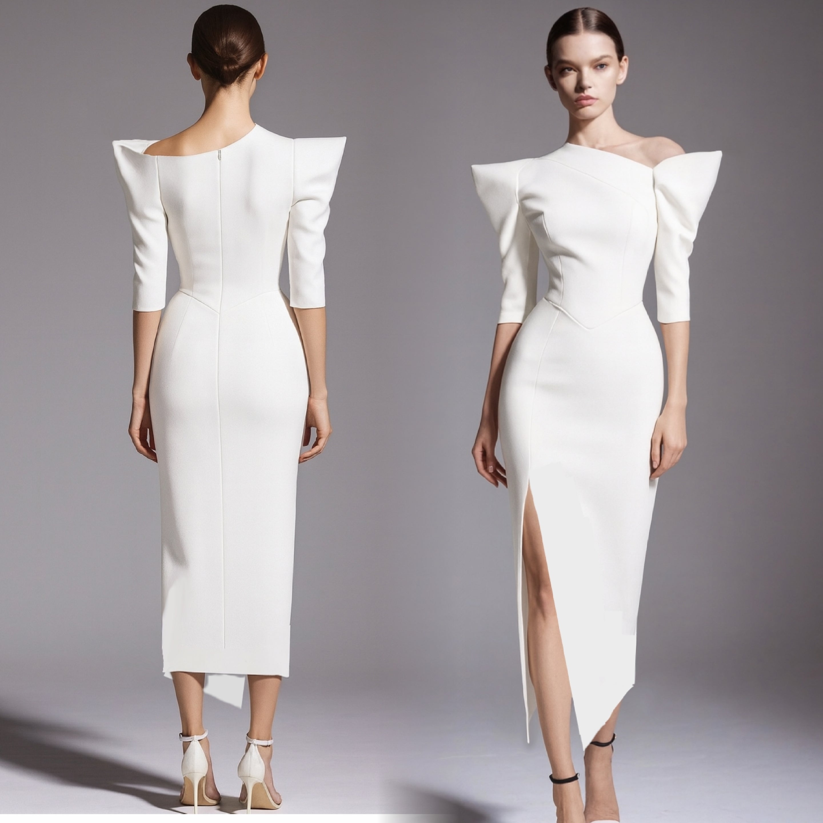 Sculptural Shoulder Midi Dress with Asymmetric Hem